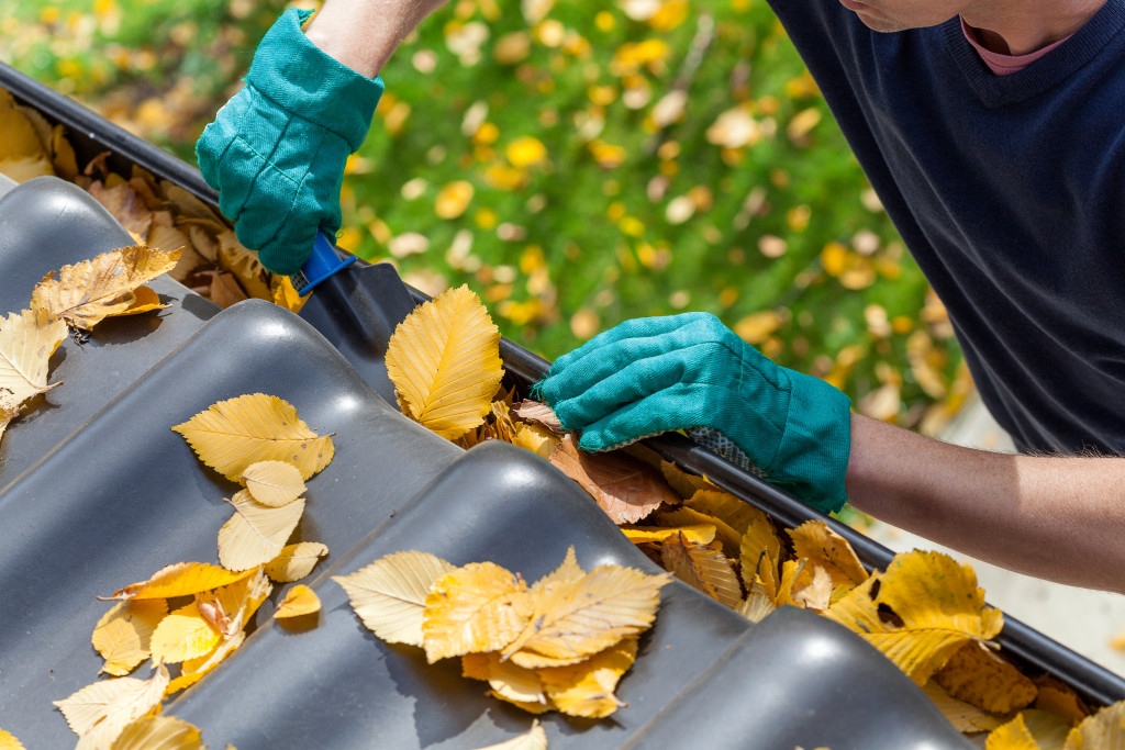 Man cleaning gutter full of leaves