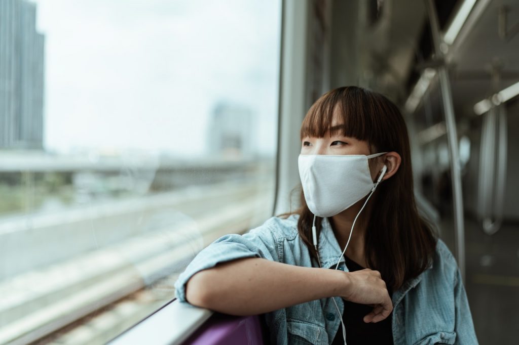 woman wearing facemask on the train